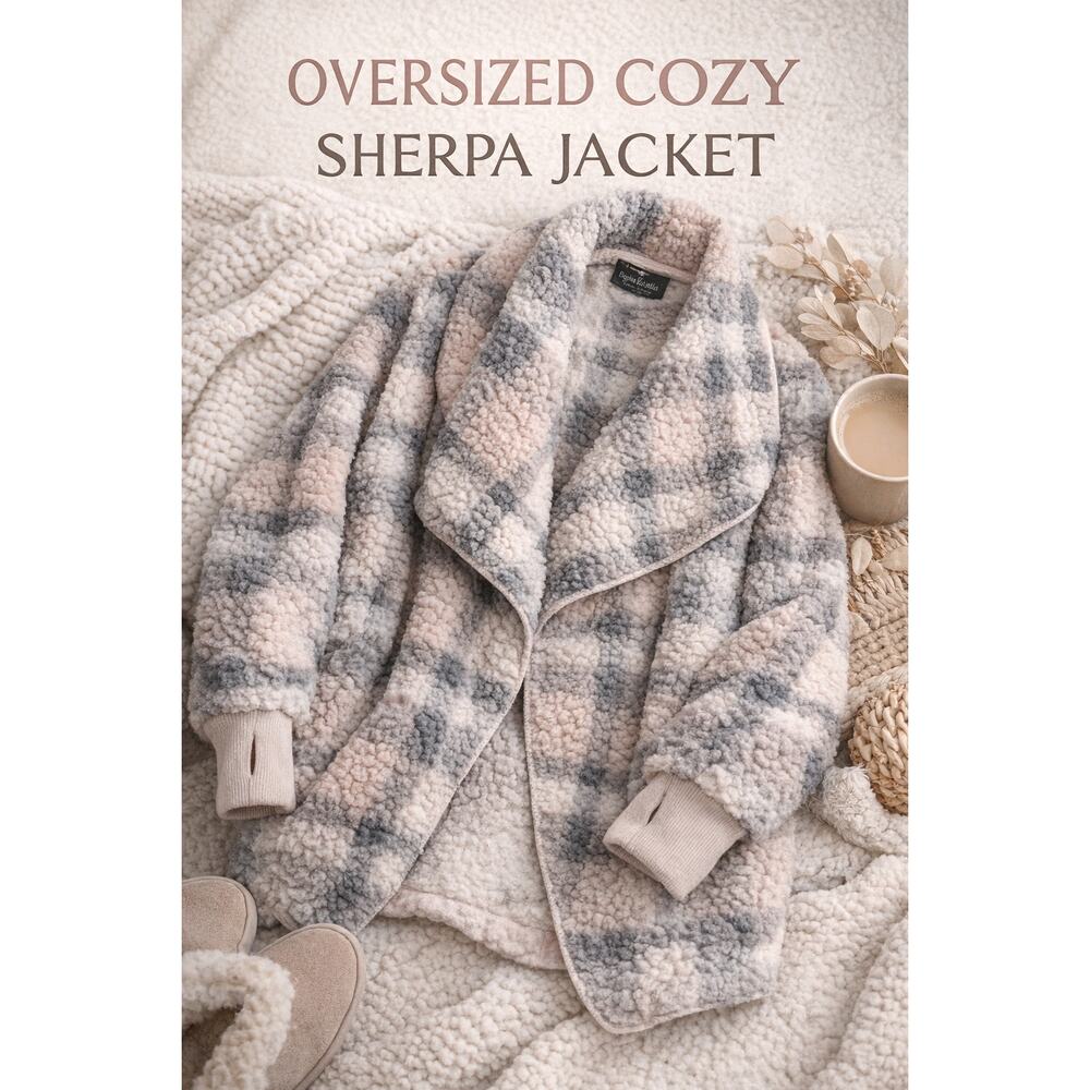 BumbleBella Sherpa Coat Petite XXS Oversized Look Plaid Cozy Jacket